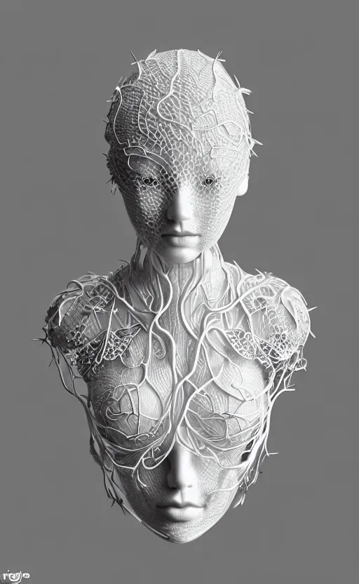 Image similar to complex 3d render of a beautiful porcelain profile woman face, vegetal dragon cyborg, 150 mm, beautiful natural soft light, rim light, silver gold details, magnolia leaves and stems, roots, fine lace, maze like, mandelbot fractal, anatomical, facial muscles, cable wires, microchip, elegant, highly detailed, white metallic armour, octane render, black and white, H.R. Giger style