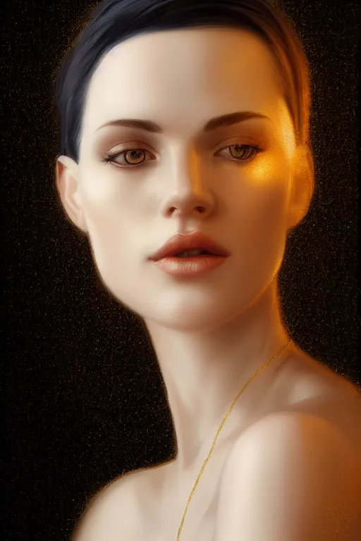 Image similar to Portrait of a beautiful pale skin Nordic female with short black hair, elegant, photorealistic, highly detailed, artstation, smooth, sharp focus, gold ornaments, neon lighting, sci-fi, art by Klimt.