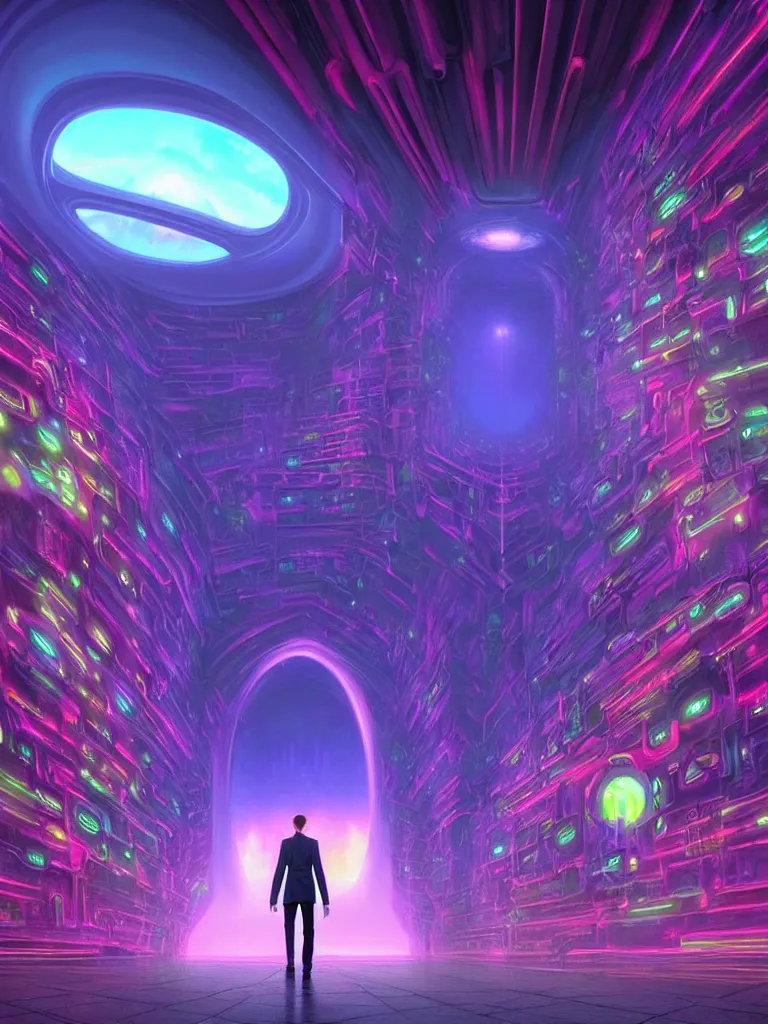 Image similar to entrance to matrix ethereal realm, ai sentient, rendered in unreal engine, central composition, symmetrical composition, dreamy colorful cyberpunk colors, 6 point perspective, fantasy landscape with anthropomorphic terrain in the styles of igor morski, jim warren and rob gonsalves, intricate, hyperrealistic, volumetric lighting, neon ambiance, distinct horizon