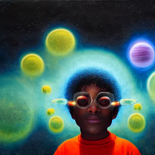 Prompt: AN 8K RESOLUTION MATTE PAINTING OF A BLACK BOY DRESSED LIKE AN ASTRONAUT IN A FIELD OF GLOWING BUBBLES, bY CHRIS LEIB AND Alan Bean and Agostino Arrivabene in a surreal PORTRAIT style. Vibrant, VIVID COLORS, HIGHLY DETAILED, SYMETRICAL FACE, retro scifi, ASTROPHOTOGRAPHY