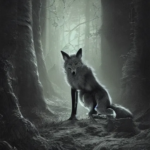 Image similar to photorealistic demonic fox in the style of michael whelan and gustave dore. hyperdetailed photorealism by greg rutkowski. 1 0 8 megapixels, 3 d finalrender, cinematic lighting