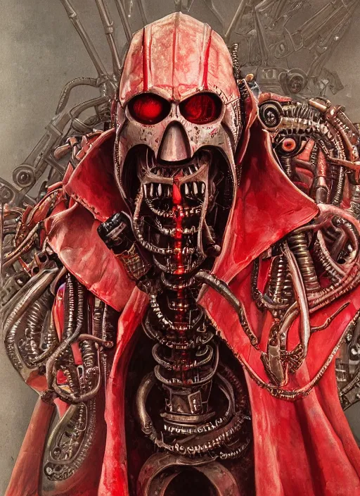 Image similar to portrait of rotten Nicolas Cage as adeptus mechanicus in red hood and robe from Warhammer 40000, mechanical tentacles. Highly detailed, artstation, illustration by and John Blanche and zdislav beksinski and wayne barlowe