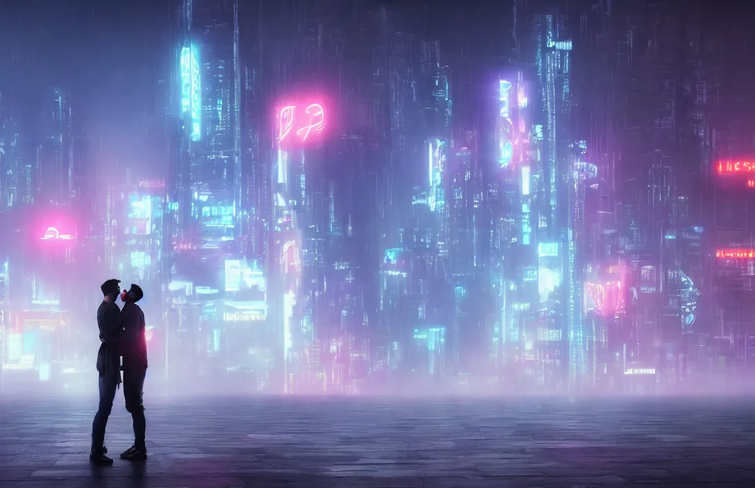 Image similar to men kissing in front of a foggy view of cyberpunk style future city, neon lights, a hyper realistic professional photographic view,very beautiful scenery, very realistic painting effect, hd, hdr, cinematic 4k wallpaper, 8k, ultra detailed, high resolution,