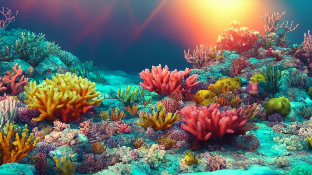 Prompt: underwater photograph of a colorful coral reef, crepuscular rays, rule of thirds, rendered in octane, rendered in vray, rendered in Arnold, insanely detailed, photorealistic, cinematic