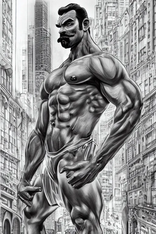 Image similar to gigachad luigi bodybuilder in the city by ilya kuvshinov, ernest khalimov body, super mario bros symmetrical face concept art, hyper realistic, intricate, elegent, highly detailed, digital painting, concept art, smooth, sharp, focus, illustration, art by artgerm and greg rutkowski and alphonse mucha, artstation