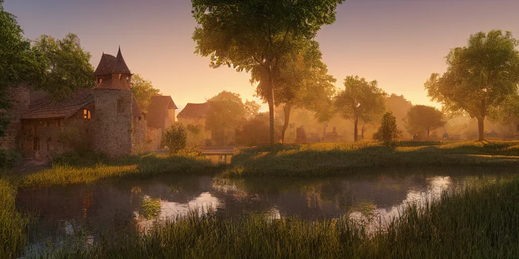Prompt: a serene landscape with a medieval village near a lake at sunset, soft lighting, path tracing, complementary colors, calm, natural lighting, high quality, 4k, low contrast, highly detailed, octane render, unreal engine 5