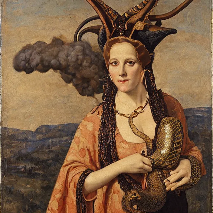 Prompt: portrait of a woman with horns and a snake around her neck, her eyes made of colorful smoke, full-length, oil painting in a renaissance style , very detailed, gold background, painted by William Clarke Wontner.