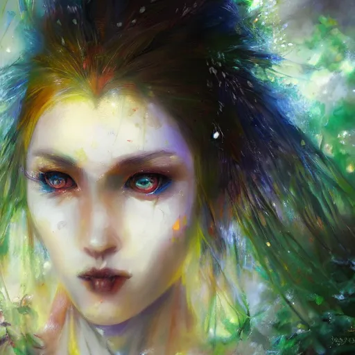 Prompt: fantasy girl mage in a forest, dramatic fantasy art, by yoshitaka amano, trending on artstation, 4 k, expressive oil painting, close - up face portrait, vivid colors