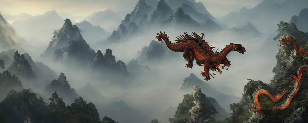 Prompt: ancient chinese dragon flying in fantasy chinese karst landscape, mountains, fog, art by greg rutkowski, concept art, cinematic, 4 k