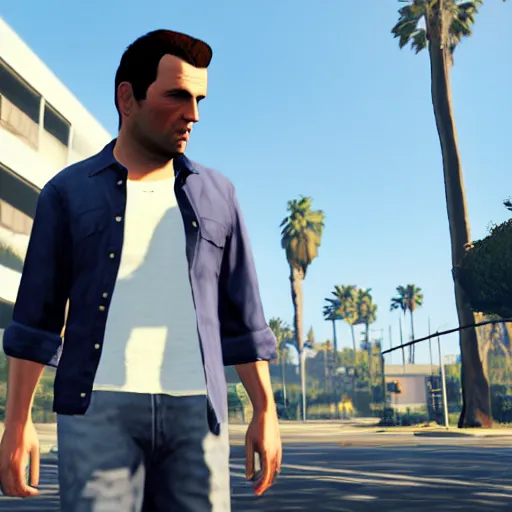 Prompt: A screenshot of a man with short brown hair, blue shirt, blue jeans, and white shoes in GTA 5