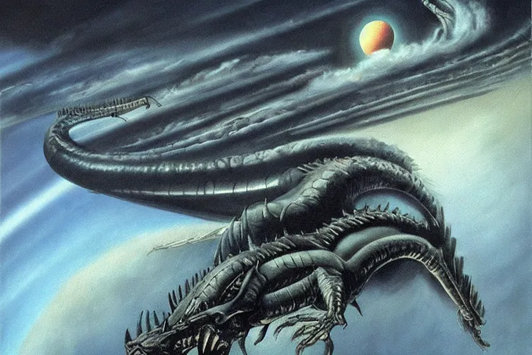Prompt: painting by h. r. giger, menacing dragon soaring above the clouds, blackhole sun, dark undertones, flow of motion, closeup