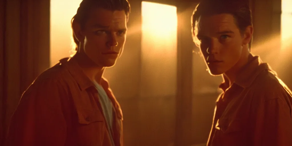 Image similar to the sunset's light beams through a window, tom holand, action pose, outside in a farm, medium close up shot, depth of field, sharp focus, waist up, movie scene, anamorphic, costume art direction style from the movie the outsiders
