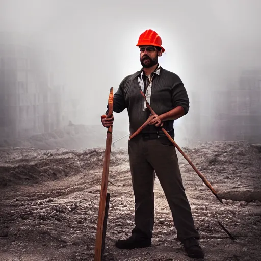 Prompt: cinematic art of a man wearing a crown jewel at a construction site and a leader of the team he is holding a spear. cinematic photograph, atmospheric, foggy, majestic, epic