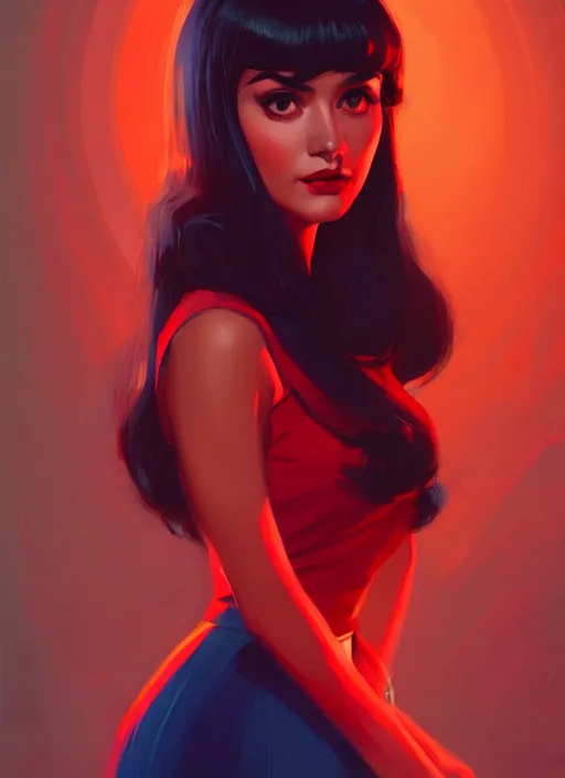 Image similar to portrait of veronica lodge with bangs, 1 9 6 0 s, long hair, red clothes, bangs, intricate, elegant, glowing lights, highly detailed, digital painting, artstation, concept art, smooth, sharp focus, illustration, art by wlop, mars ravelo and greg rutkowski