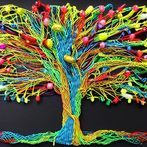 Prompt: colorful tree of life with tangled roots and many branches detailed bead and wire 3 d sculpture 4 k