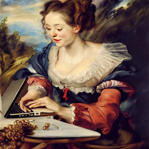 Image similar to heavenly summer sharp land sphere scallop well dressed lady working on her laptop auslese, by peter paul rubens and eugene delacroix and karol bak, hyperrealism, digital illustration, fauvist