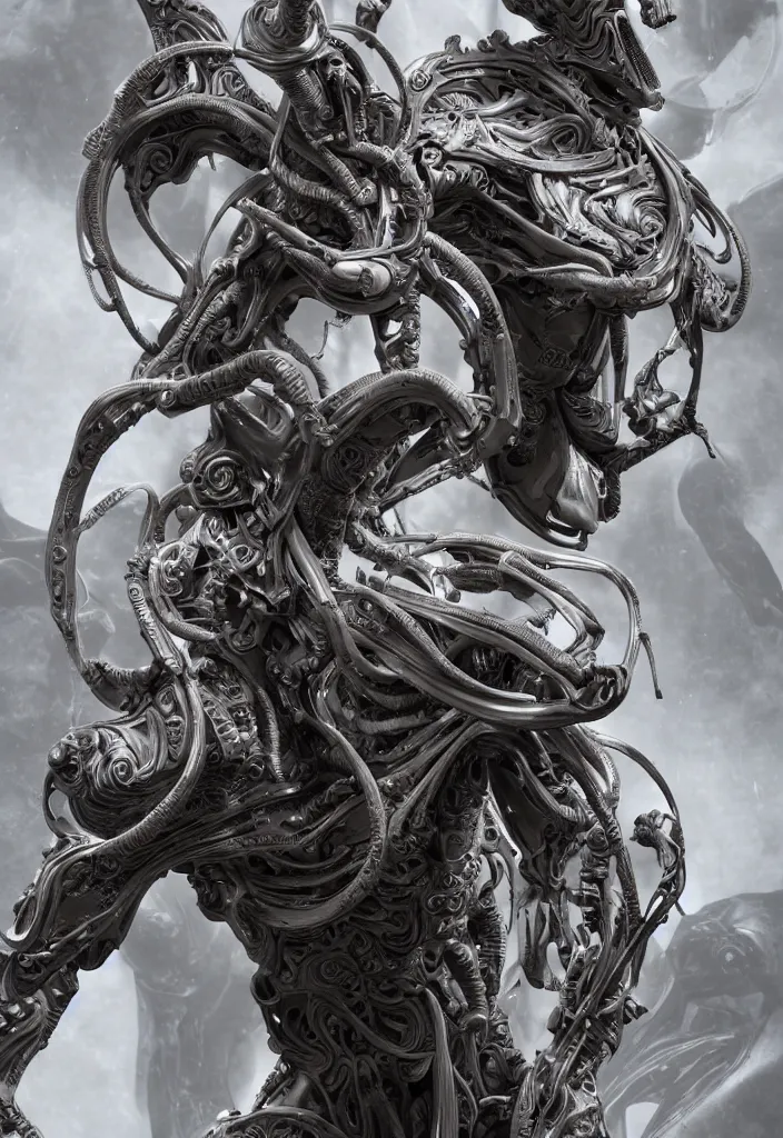 Image similar to engineer prometheus, xenomorph alien, highly detailed, symmetrical long head, smooth marble surfaces, detailed ink illustration, raiden metal gear, cinematic smooth stone, deep aesthetic, concept art, post process, 4k, carved marble texture and silk cloth, latex skin, highly ornate intricate details, prometheus, evil, moody lighting, hr geiger, hayao miyazaki, indsutrial Steampunk