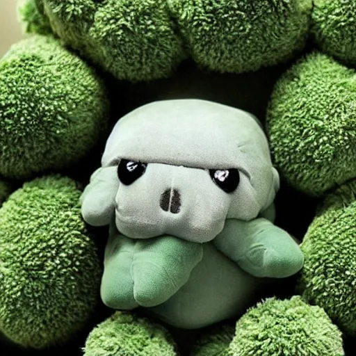 Image similar to plush tardigrade doll with plush broccoli to eat, cute, fluffy, fuzzy, kind, loving, tender