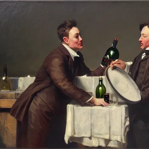 Image similar to Elon musk turns water into wine, oil on canvas, 1883