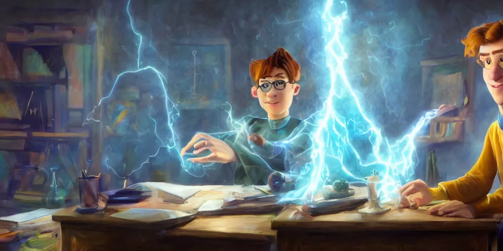 Image similar to a young caucasian male mage they are in a alchemy workshop working at there desk. coherent face, coherent hands, colorful, light rays, medium shot, waist up, sharp focus, bloom, dramatic lighting, very detailed, scene from pixar and dreamworks