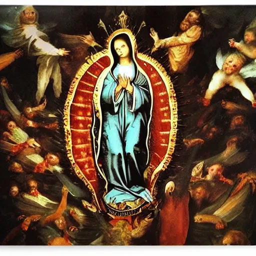 Prompt: Highly detailed painting of the virgin of guadalupe rising above hundreds of demonic angels by Goya