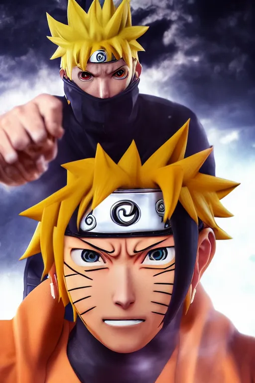 Image similar to hyperrealistic photography of Naruto Uzumaki style of Gal Yosef, full-shot, merged character, 4k, highly detailed, cinematic lighting, photorealistic, 3d render, award winning render, unreal engine, masterpiece, octane render, sharp focus, studio lighting, 8k, hd