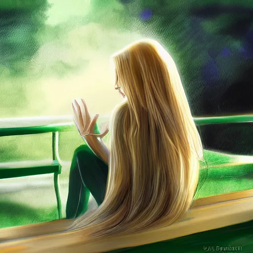 Image similar to portrait digital painting of a young woman with long blond hair sitting on a green bench with her head in her hands, digital art, deviant art