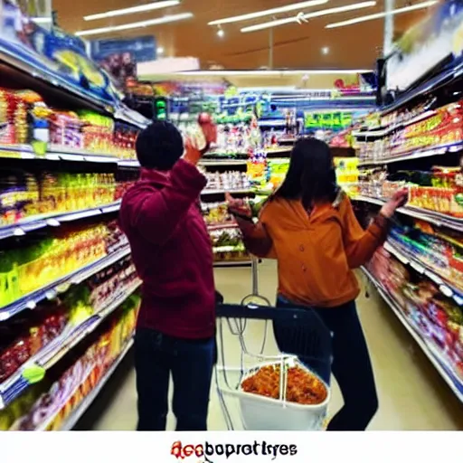 Prompt: people fighting over food in a supermarket realistic