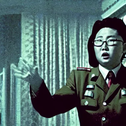 Image similar to a film still of a north korean monster movie, film noir, video compression, ripple effect