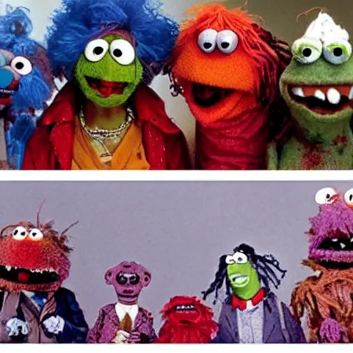 Image similar to zombie fraggle rock muppets, family photo of zombie muppets, dawn of the dead ( 1 9 7 8 ), photo from the 7 0 s