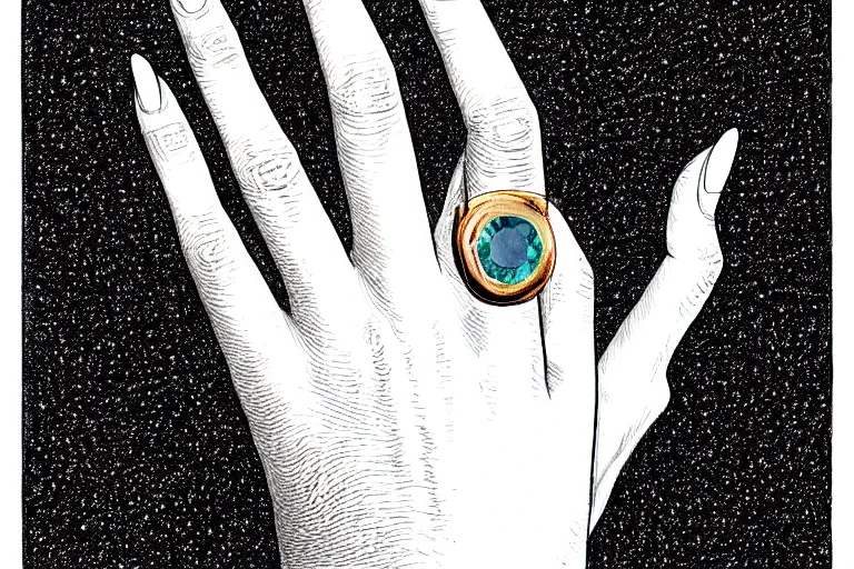 Prompt: a picture of a finger with a gem ring, slay, by moebius, hyperrealism, intricate detailed, risograph