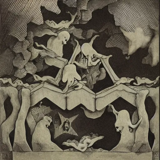 Image similar to box of ghosts, by M.C. Escher, by Joseph Cornell, by Francisco Goya, fairy-tale illustration style, very detailed, colorful, beautiful, eerie, surreal, psychedelic