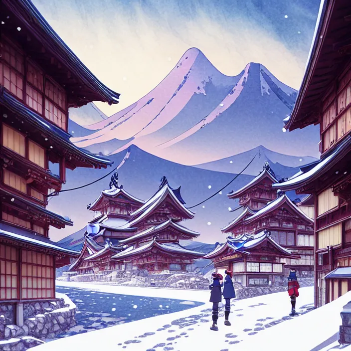 Prompt: empty japanese mountain city, winter, in the style of studio ghibli, j. c. leyendecker, greg rutkowski, artem