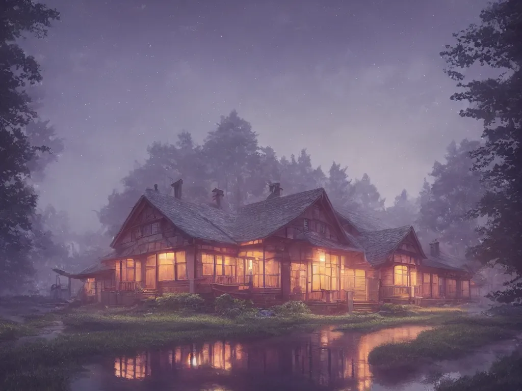 Image similar to A highly detailed matte painting of single house at night, moon, forest, by Studio Ghibli, Makoto Shinkai, by Artgerm, by WLOP, by Greg Rutkowski, volumetric lighting, octane render, 4K resolution, trending on artstation, masterpiece