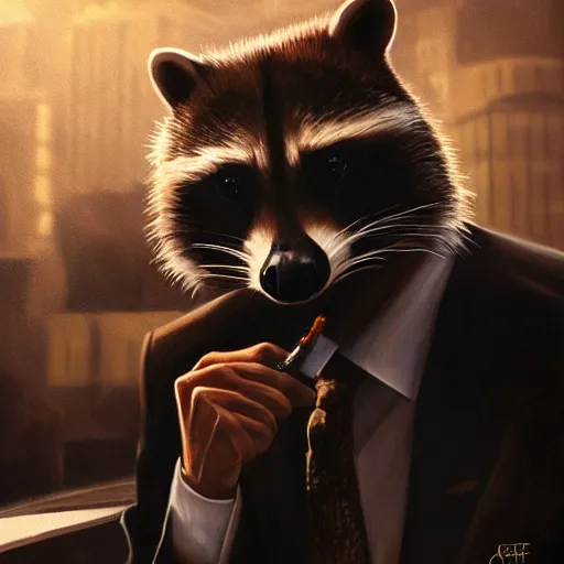 Image similar to a racoon wearing a suit smoking a cigar, dramatic lighting, cinematic, establishing shot, extremly high detail, photorealistic, cinematic lighting, artstation, style by James Gurney