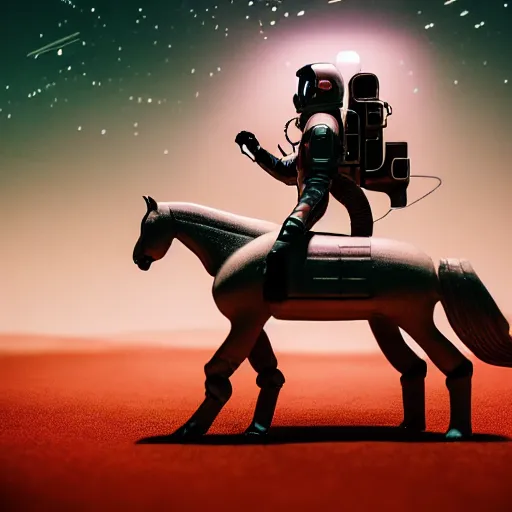 Prompt: photography of anthropomorphic horse riding on top of an astronaut back. from western by hiroyuki okiura and katsuhiro otomo and alejandro hodorovski style with many details by mike winkelmann and vincent di fate in sci - fi style. volumetric natural light photo on dsmc 3 system,