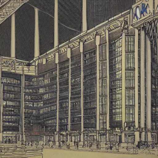 Prompt: Palast der Republik in Berlin, highly detailed architectural drawing by Francois Schuiten
