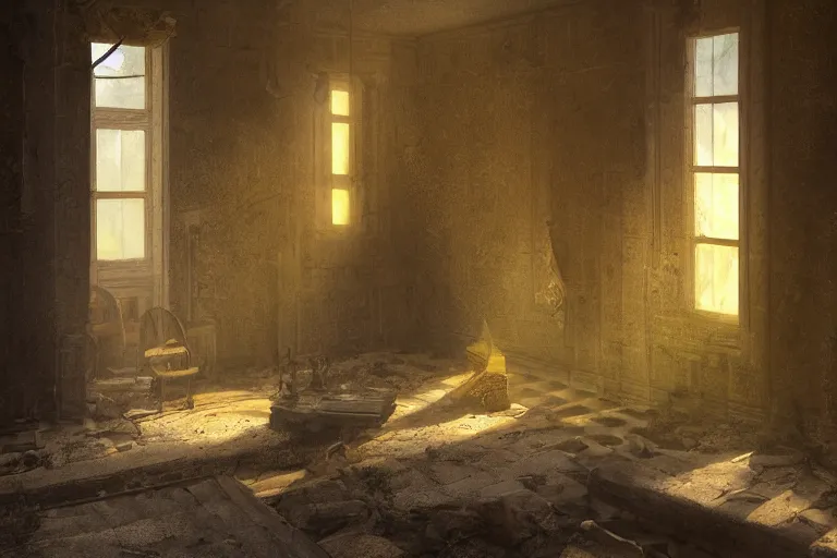 Image similar to the interior of an old abandoned house, an old oak tree grows inside the house, golden rays of sunlight enter through the window, digital art, trending on artstation, matte painting, concept art, drawn by greg rutkowski, inspired by johannes vermeer, warm colors