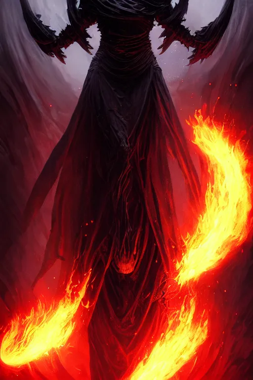 Image similar to Black Orb of Fire, digital art, fantasy, magic, trending on artstation, illustration by Seb McKinnon and Peter Mohrbacher, ultra detailed, atmospheric, powerful presence, bossfight, darksouls, grand finale, explosive entrance, final battle, cutscene, cinematic lighting, beautiful goddess, unleashing the power of the flame, burning pulse, close-up