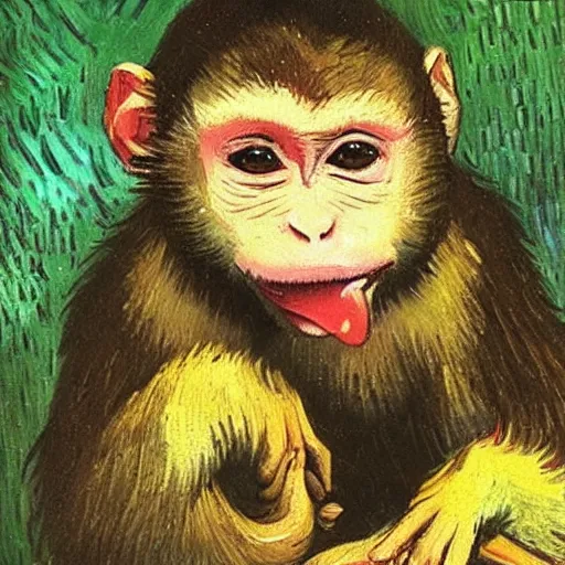 Image similar to a beautiful oil painting of a beautiful young monkey eating a rat sandwich , 8k , award winning , made in 1800's , old , painted by vincent van gogh