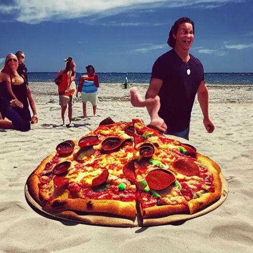 Image similar to “ a giant pile of pizza on the beach. contestants on the tv show survivor next to it excited. 8 k photo ”