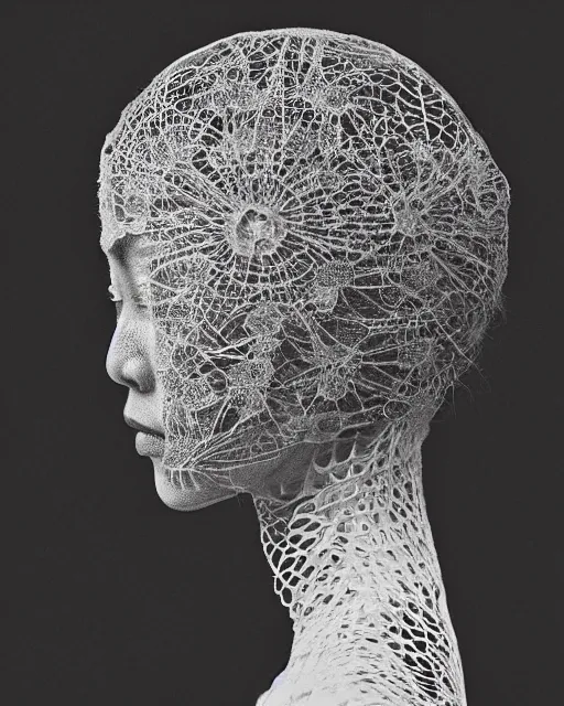 Image similar to a japanese woman's face in profile, made of intricate lace skeleton, in the style of the dutch masters and gregory crewdson, dark and moody