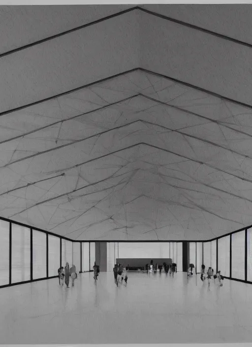 Image similar to a blacka and white painting of the interior of teshima art museum