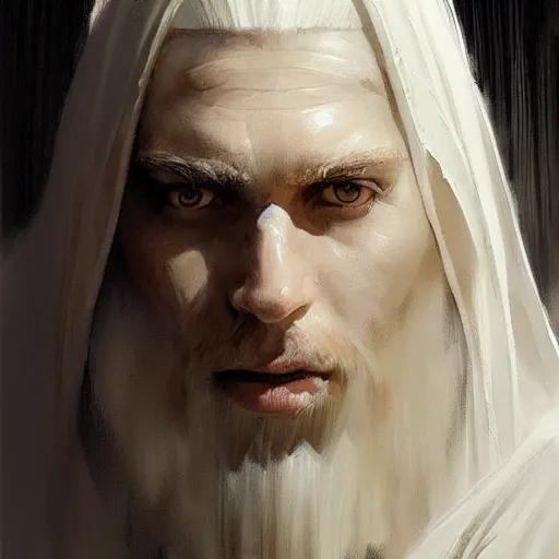 Prompt: a beautiful detailed painting of a sorcerer in white robes, pale skin, white hair, yellow eyes, master of dreams art by jon foster trending on artstation painted by greg rutkowski, painted by stanley artgerm