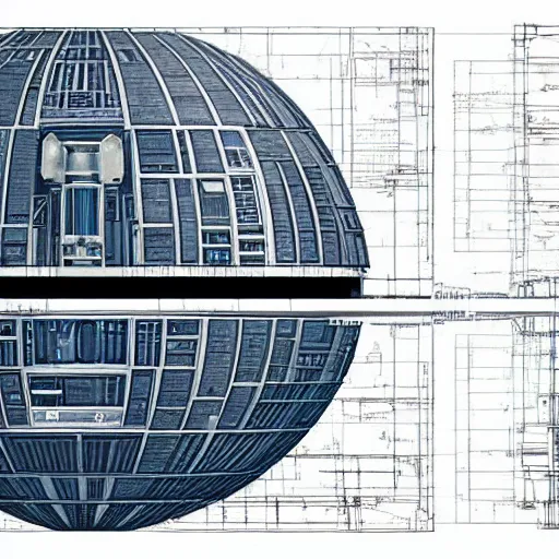 Image similar to blueprints of the Death Star, hyperealistic