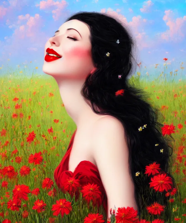 Prompt: happy girl with black hair, red lips, lying in a field of flowers, highly detailed, matte painting, french rococo painting, illustration,