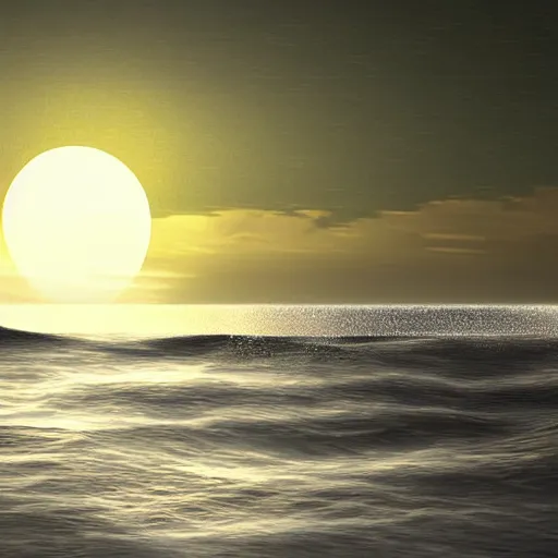 Prompt: the moon melting into the ocean at night, incredibly detailed realistic digital art, wispy vapors rising from the waves