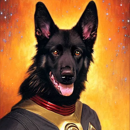 Image similar to a portrait of a black german shepard dogman canine with human eyes smiling holding a phaser star trek captain red shirt. highly detailed painting by gaston bussiere craig mullins jc leyendecker gustav klimt artgerm greg rutkowski