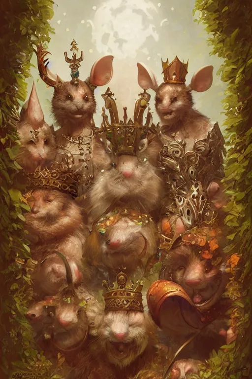 Prompt: portrait of the mousefolk wearing crown of the ancients by artgerm and Craig Mullins, James Jean, Andrey Ryabovichev, Mark Simonetti and Peter Morbacher 16k