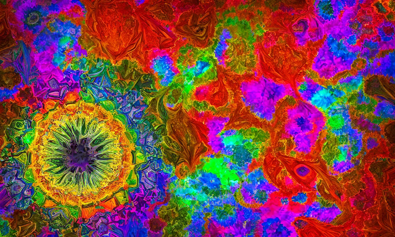 Image similar to acrylics blob voronoi engine laboratory 3 d volume kaleidoscope mandala fractal chakra digital multicolor stylized concept substance liquid nebula stone, a spectacular view cinematic rays of sunlight comic book illustration, by john kirby radiating a glowing aura global illumination ray tracing hdr depth fog overlay multiply photoshop layer